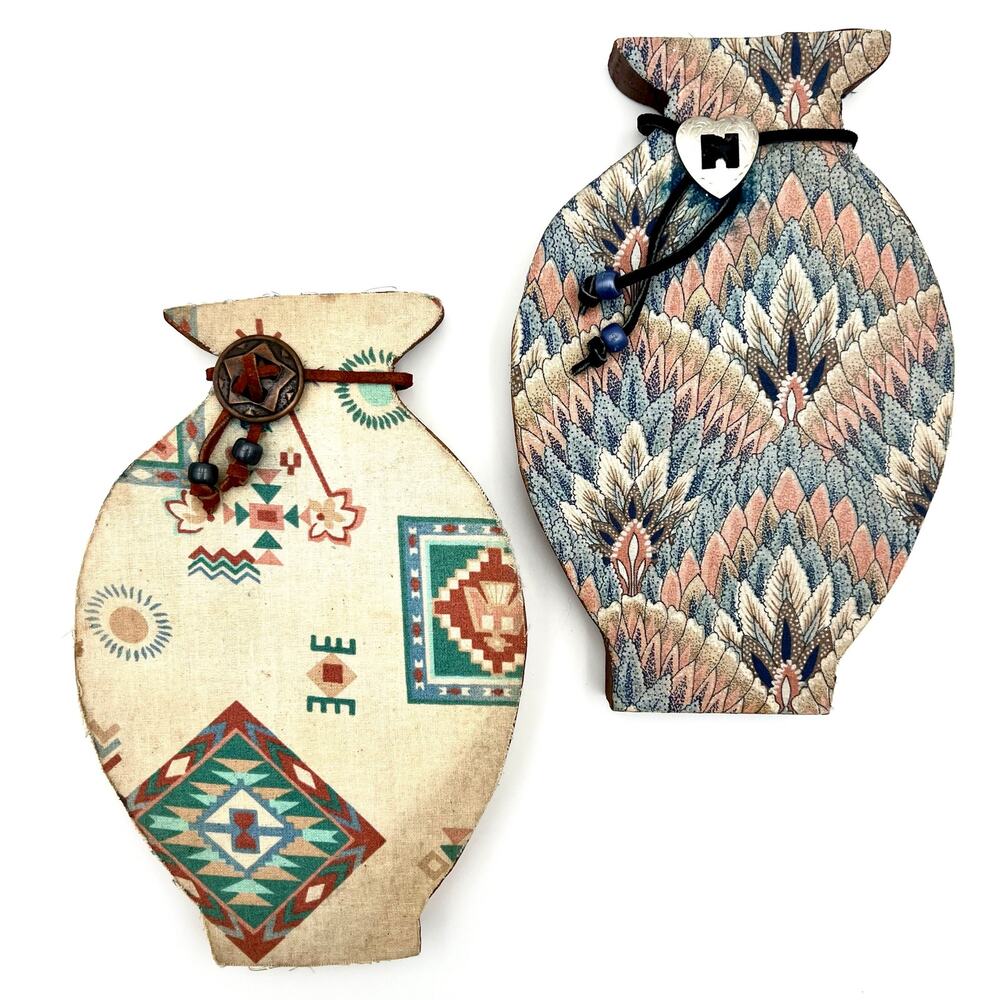 Vintage Southwestern Fabric Wood Vase Wall Hangings Set 2 Concho Boho Decor Pair